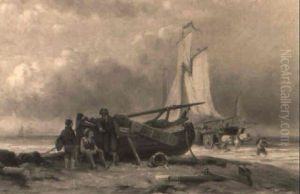 Fishermen, Boats And Horsedrawn Cart On Shore Fishermen, Boats And Horsedrawn Cart On Shore