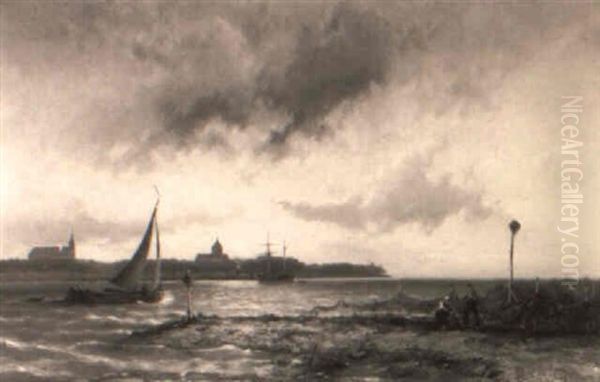 Gezicht Over Een Rivier Met Zeilschepen En Stoomraderboot - view 1