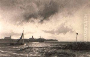 Gezicht Over Een Rivier Met Zeilschepen En Stoomraderboot Gezicht Over Een Rivier Met Zeilschepen En Stoomraderboot