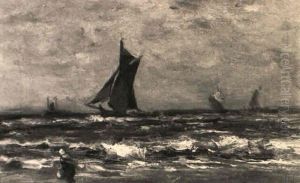 Fischerboote In Kustennahe Bei Bewegter See by Johannes Hermanus Barend Koekkoek