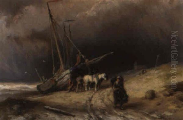 A Moored Vessel On The Beach By Stormy Weather - view 1