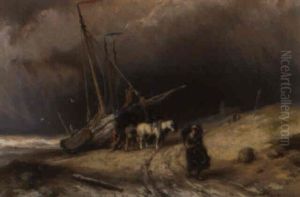 A Moored Vessel On The Beach By Stormy Weather by Johannes Hermanus Barend Koekkoek