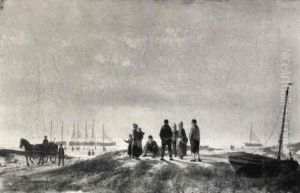 Fisherfolk Conversing On A Dune Top by Johannes Hermanus Barend Koekkoek