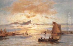 A View Of Rotterdam With Figures In A Row-boat And Other Shipping by Johannes Hermanus Barend Koekkoek