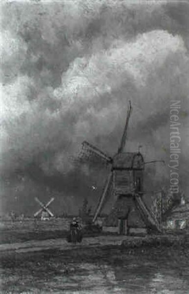 A Polder Landscape With Peasant Woman Approaching A Windmill - view 1