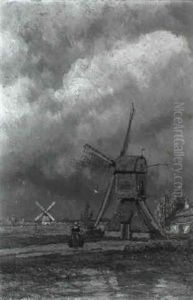 A Polder Landscape With Peasant Woman Approaching A Windmill A Polder Landscape With Peasant Woman Approaching A Windmill