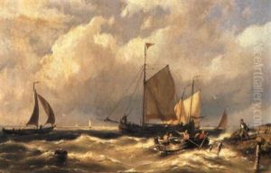 Sailing Vessels On A River by Johannes Hermanus Barend Koekkoek