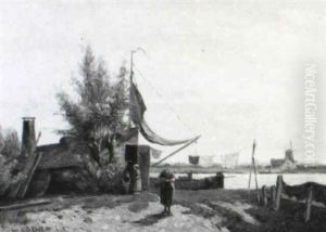 A River Landscape With Figures On A Farm Yard by Johannes Hermanus Barend Koekkoek