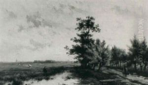 A Girl On A Country Road At Sunset by Johannes Hermanus Barend Koekkoek