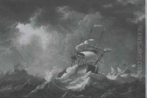 Hollandische Dreimaster In Einem Heftigen Gewittersturm by Johannes Hermanus Barend Koekkoek