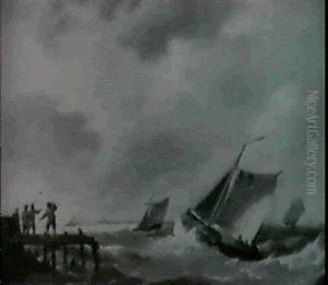 Shipping On An Estuary, With Figures On A Jetty In The      Foreground