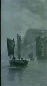 Fishing Vessels Off A Coastline, Evening by Johannes Hermanus Barend Koekkoek
