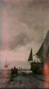 Fisher-folk By A Moored Bom- Schuit On The Beach, Scheven-  Ingen, At Sunset