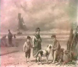 A Beachscene With Children Playing With A Dog by Johannes Hermanus Barend Koekkoek