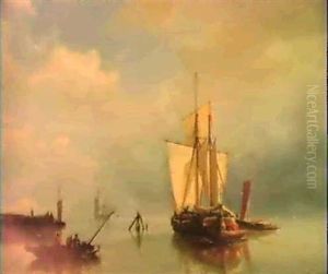 Fishing-vessels Offshore In A Calm Sea by Johannes Hermanus Barend Koekkoek