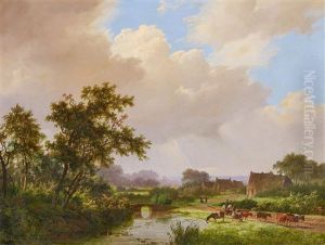 Weite Hollandische Landschaft Mit Kuhen An Der Furt by Marianus Adrianus Koekkoek