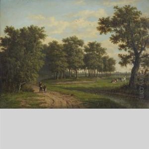 Figures On A Country Road With Cows Grazing Figures On A Country Road With Cows Grazing