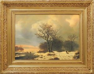 Winter Scene With Figures On Frozen Lake by Marianus Adrianus Koekkoek