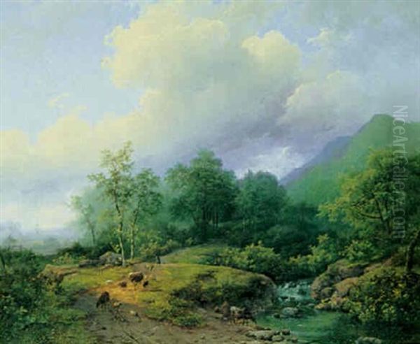 Bjerglandskab Med Hyrder Og Dyr Ved En Flod - view 1