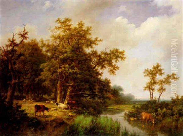 Bewaldete Flusslandschaft Mit Weidendem Vieh - view 1