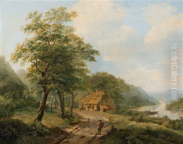Travelers On A Path In A Wooded River Landscape - view 1