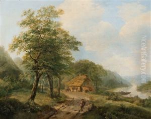 Travelers On A Path In A Wooded River Landscape Travelers On A Path In A Wooded River Landscape