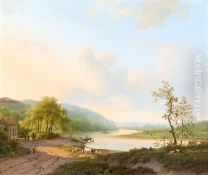 Riverbankscene, In The Foreground A Herdsman With Cattle