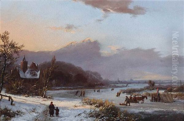 A Winter Landscape With Skaters On The Ice Near A Koek-en-zopie - view 1