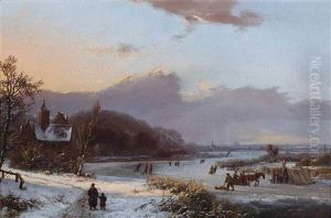 A Winter Landscape With Skaters On The Ice Near A Koek-en-zopie by Marinus Adrianus Koekkoek
