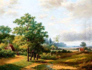 Boomrijk Landschap Met Man En Kind Op De Voorgrond Boomrijk Landschap Met Man En Kind Op De Voorgrond