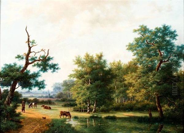 Herder Met Koeien In Boomrijk Landschap - view 1