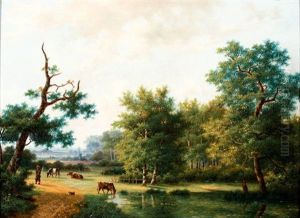 Herder Met Koeien In Boomrijk Landschap Herder Met Koeien In Boomrijk Landschap