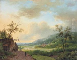 Travellers On A Riverside Track At Dusk Travellers On A Riverside Track At Dusk