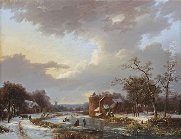 A Winter Scene With Figures On A Frozen Waterway By A Castle - view 1