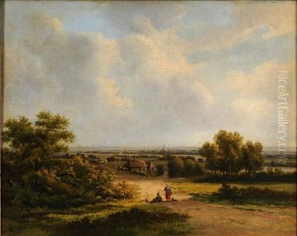 Figures Resting In A Landscape, View To A Farm, Windmill, Village And Spires Beyond - view 1