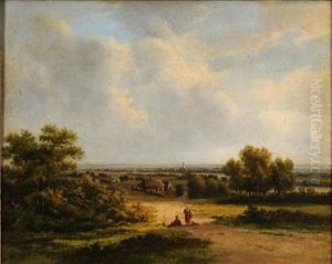 Figures Resting In A Landscape, View To A Farm, Windmill, Village And Spires Beyond