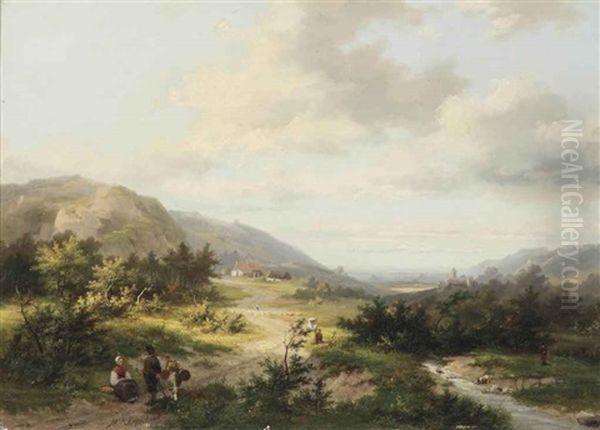 A Hilly Landscape With Travellers And A Shepherd On A Track, A Castle In The Distance - view 1