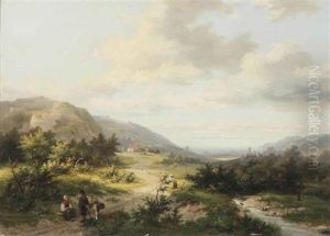 A Hilly Landscape With Travellers And A Shepherd On A Track, A Castle In The Distance