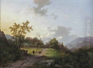 A Traveler And His Donkey In A Mountainous Landscape