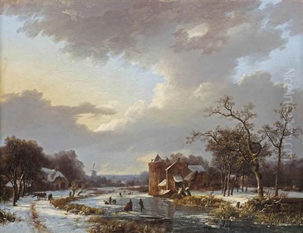 A Dutch Winter Scene With Figures On A Frozen Waterway - view 1