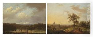 A River Landscape With Watering Cows (+ Travellers Resting In A Summer Landscape; Pair) by Marinus Adrianus Koekkoek