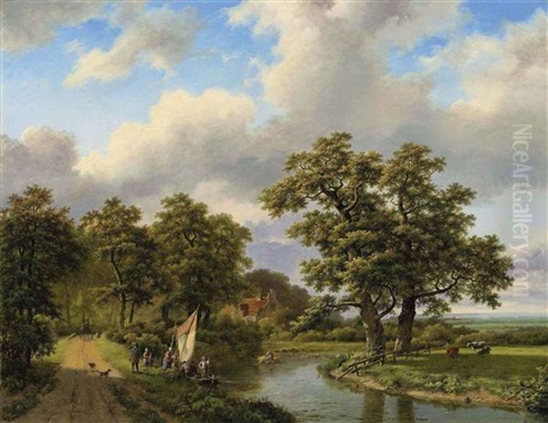 Wooded Landscape With Figures And Cattle By A River - view 1