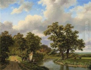 Wooded Landscape With Figures And Cattle By A River by Marinus Adrianus Koekkoek