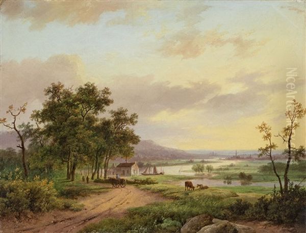 Flusslandschaft Mit Pferdekarren Und Kuhen - view 1