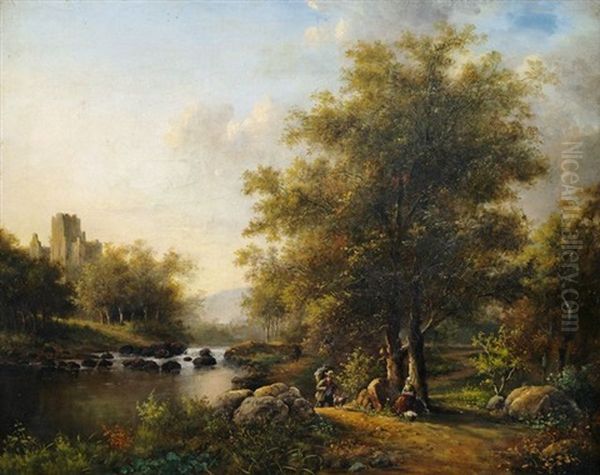 Bewaldete Flusslandschaft Mit Staffagefiguren Und Schlossruine - view 1