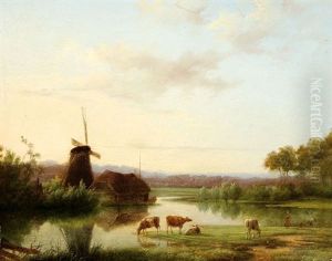 River Landscape With A Shepherdess With Her Cows And To The Left A Mill By A Farm by Marinus Adrianus Koekkoek