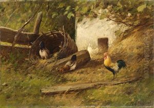 Three Chickens And A Rooster On A Farmyard by Marinus Adrianus Koekkoek