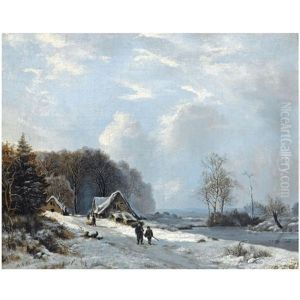 Figures On A Country Road In A Snow Covered Landscape by Marinus Adrianus Koekkoek