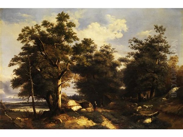 Grosse Baumlandschaft Mit Schindelgedeckter Viehhutte, Tieren Und Figurenstaffage - view 1