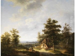 Baumlandschaft Mit Strohgedeckter Hutte Und Figurenstaffage